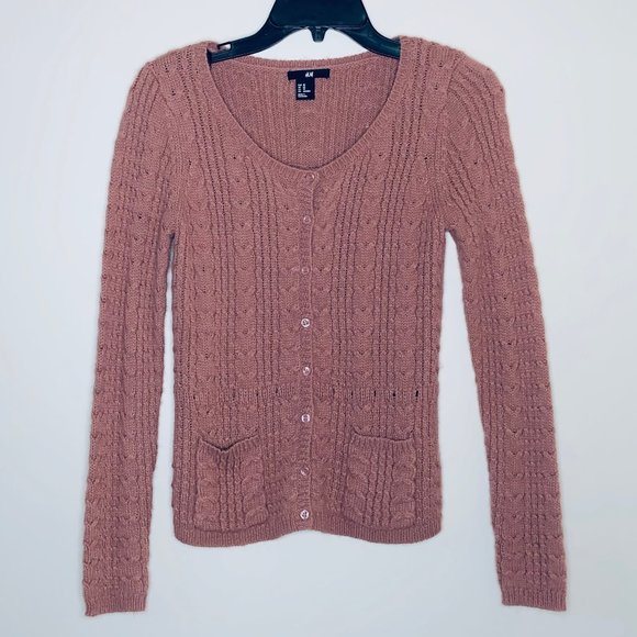 H&M | y2k Dusty Pink Cardigan Cable Knit Pocket Sweater Button Front Long Sleeve - Picture 2 of 5
